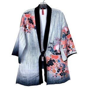 IC By Connie K Womens S Kimono Cardigan Floral Artsy Tie Asian Jacket Tunic Top